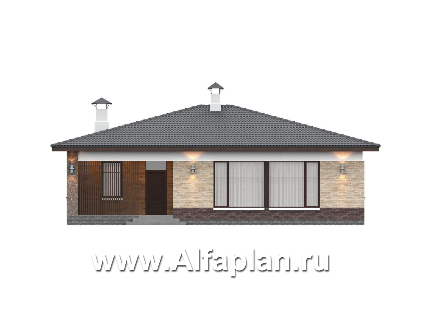 «Соблазн» - проект одноэтажного дома, 3 спальни, панорамное остекление гостиной со стороны двора, отличная планировка - фасад дома