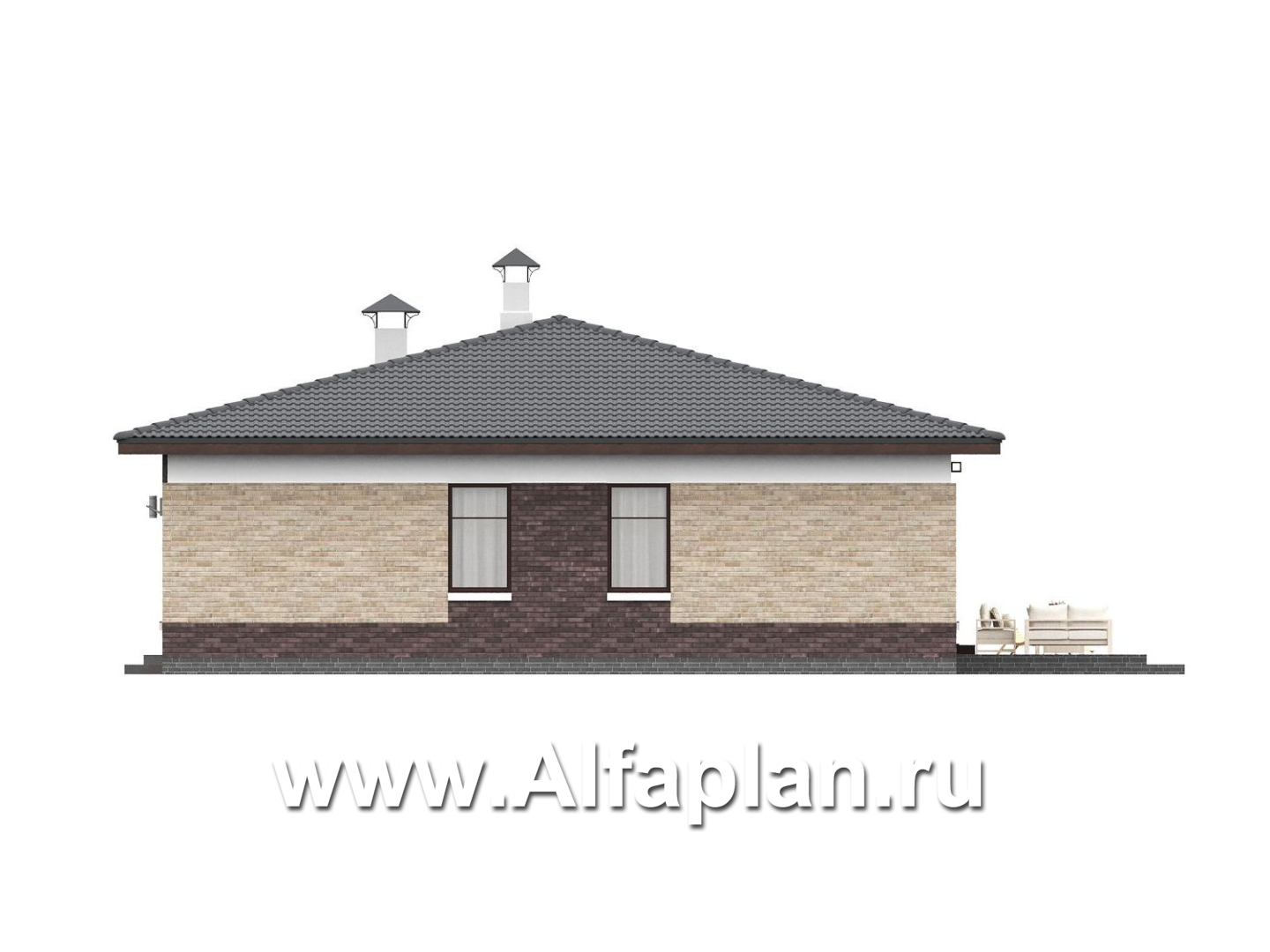 «Соблазн» - проект одноэтажного дома, 3 спальни, панорамное остекление гостиной со стороны двора, отличная планировка - фасад дома