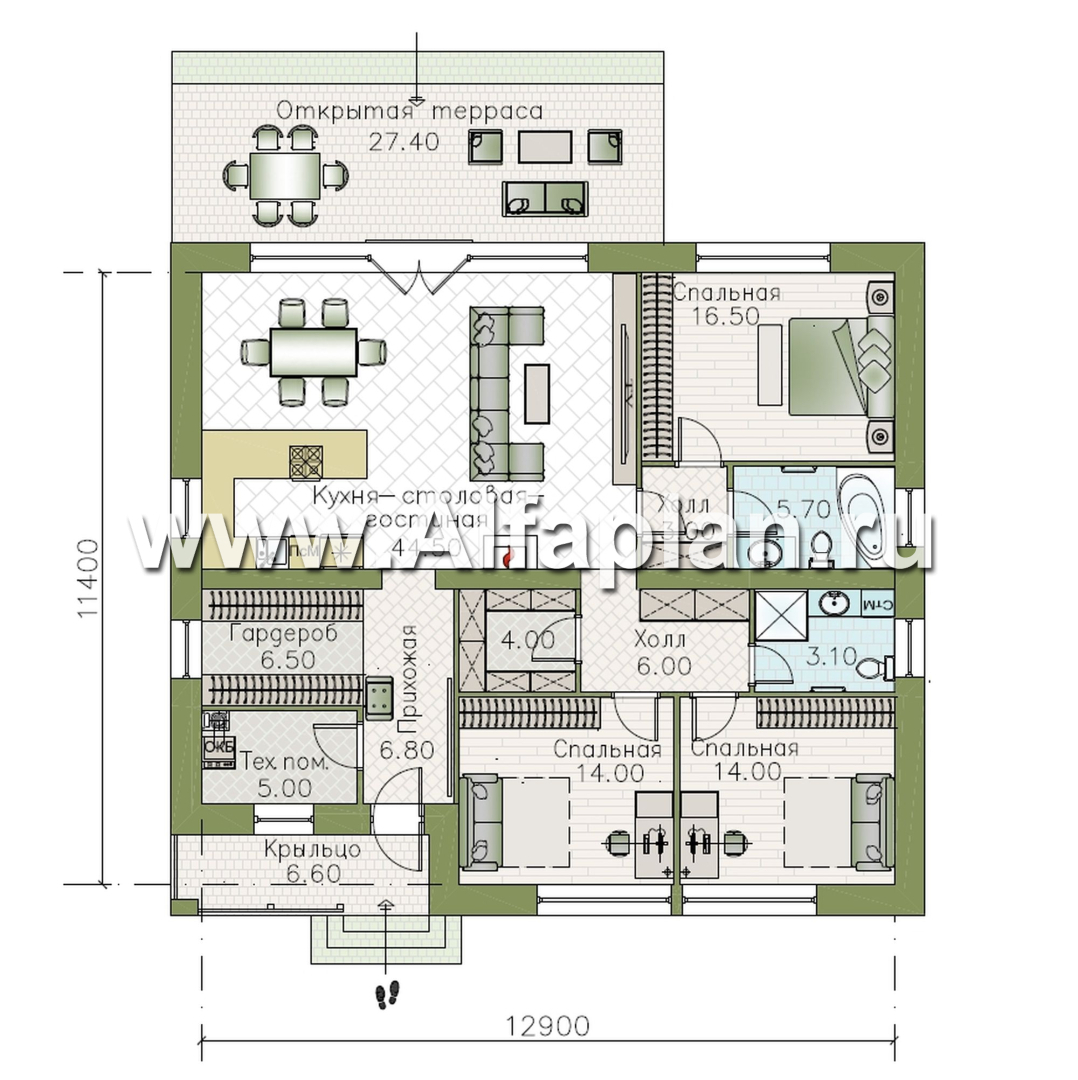 «Соблазн» - проект одноэтажного дома, 3 спальни, панорамное остекление гостиной со стороны двора, отличная планировка - план дома