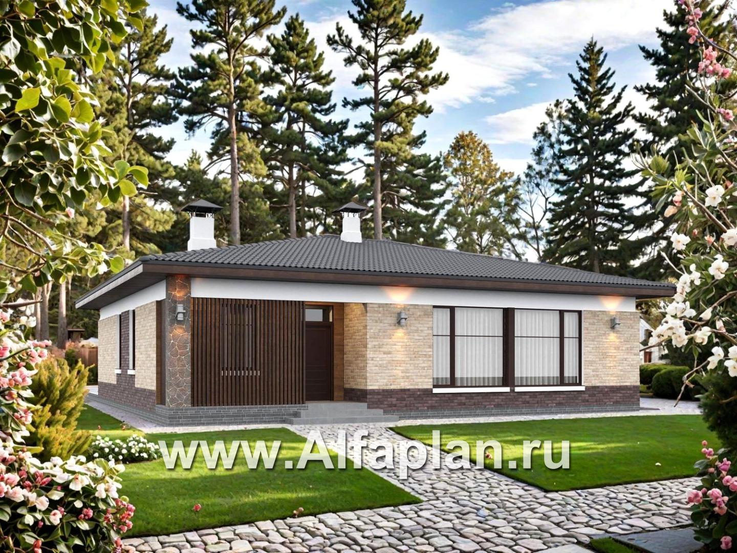 «Соблазн» - проект одноэтажного дома, 3 спальни, панорамное остекление гостиной со стороны двора, отличная планировка - основное изображение