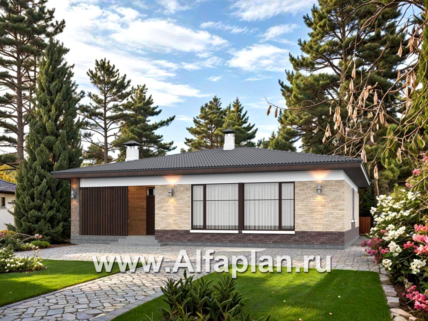 «Соблазн» - проект одноэтажного дома, 3 спальни, панорамное остекление гостиной со стороны двора, отличная планировка - дизайн дома №1