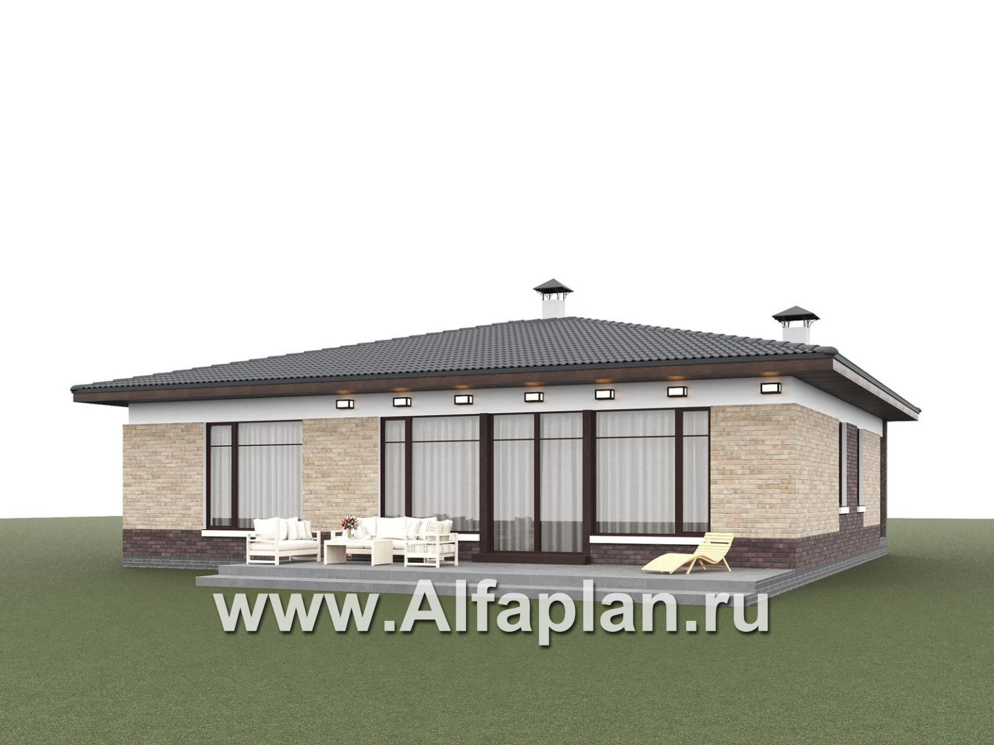 «Соблазн» - проект одноэтажного дома, 3 спальни, панорамное остекление гостиной со стороны двора, отличная планировка - дизайн дома №3