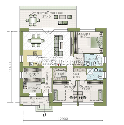 «Соблазн» - проект одноэтажного дома, 3 спальни, панорамное остекление гостиной со стороны двора, отличная планировка - превью план дома