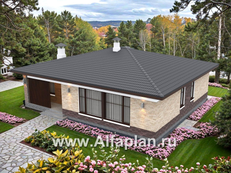 «Соблазн» - проект одноэтажного дома, 3 спальни, панорамное остекление гостиной со стороны двора, отличная планировка - превью дополнительного изображения №2