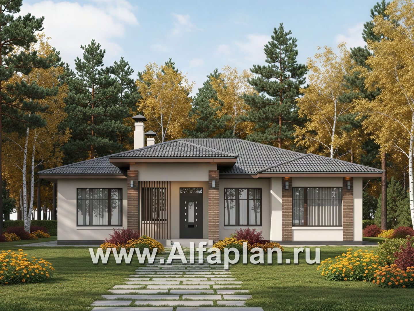 «Алькор» - проект одноэтажного дома из газобетона, фасады из штукатурки, мастер спальня, кладовка при кухне - основное изображение