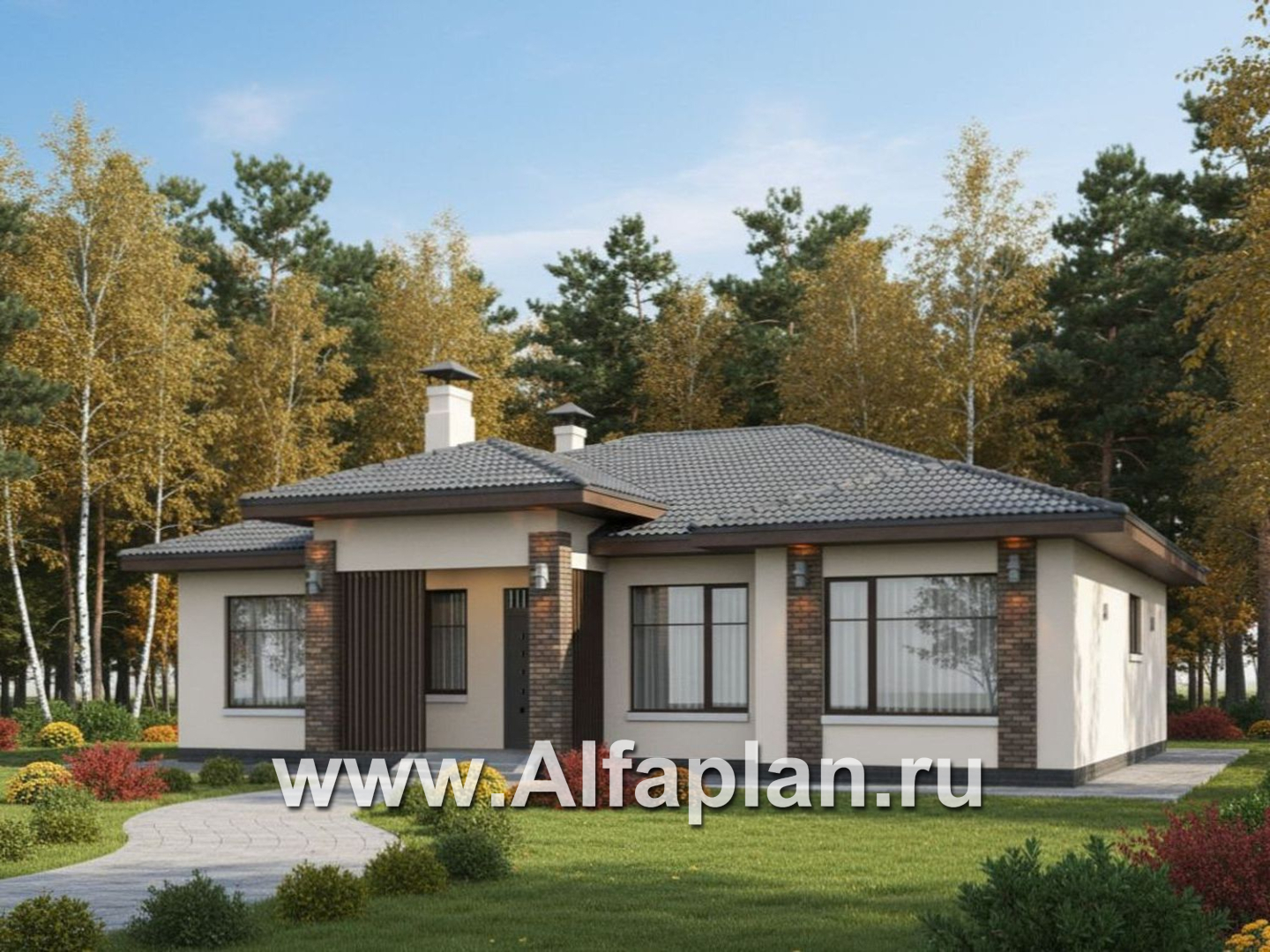 «Алькор» - проект одноэтажного дома из газобетона, фасады из штукатурки, мастер спальня, кладовка при кухне - дизайн дома №1