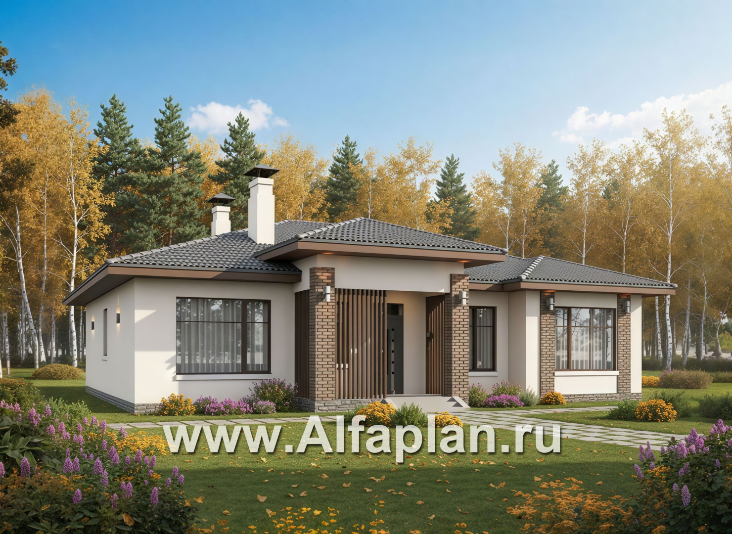 «Алькор» - проект одноэтажного дома из газобетона, фасады из штукатурки, мастер спальня, кладовка при кухне - дизайн дома №3