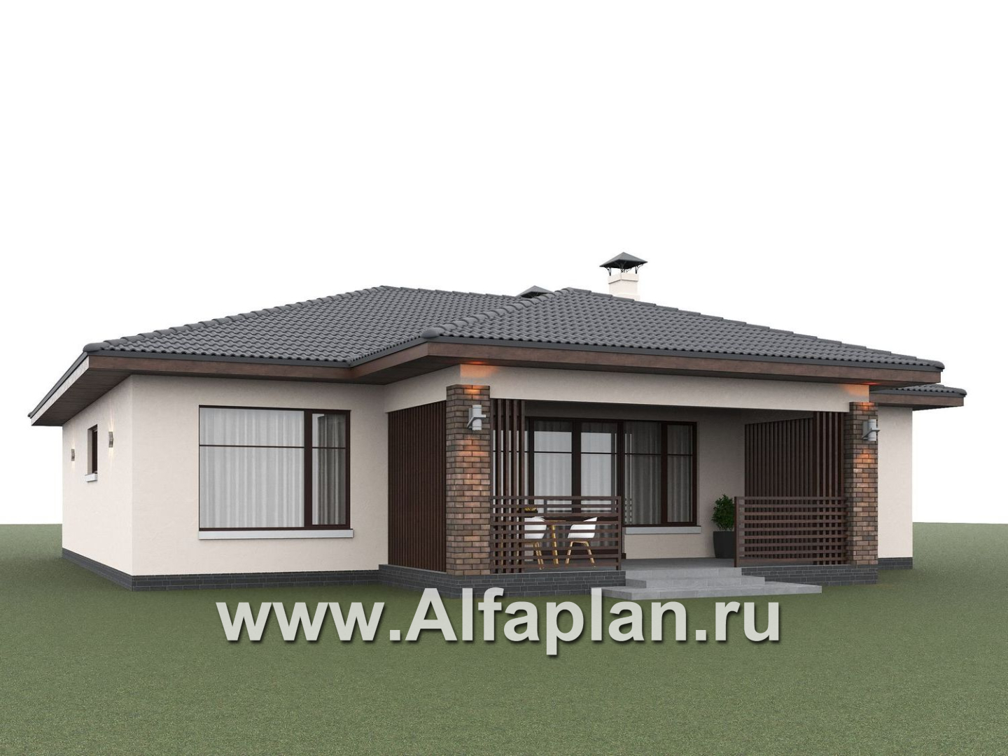 «Алькор» - проект одноэтажного дома из газобетона, фасады из штукатурки, мастер спальня, кладовка при кухне - дизайн дома №4