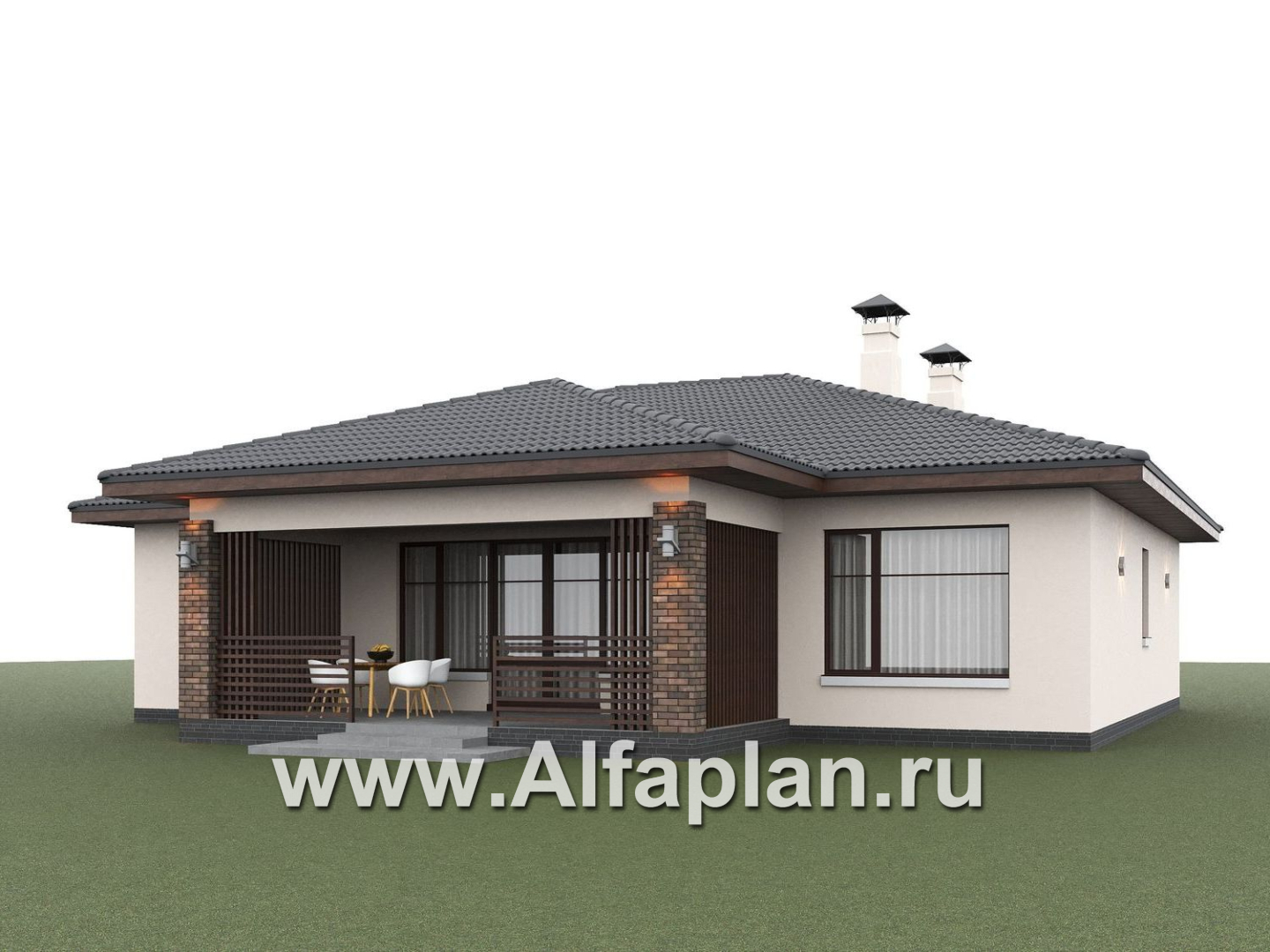 «Алькор» - проект одноэтажного дома из газобетона, фасады из штукатурки, мастер спальня, кладовка при кухне - дизайн дома №5