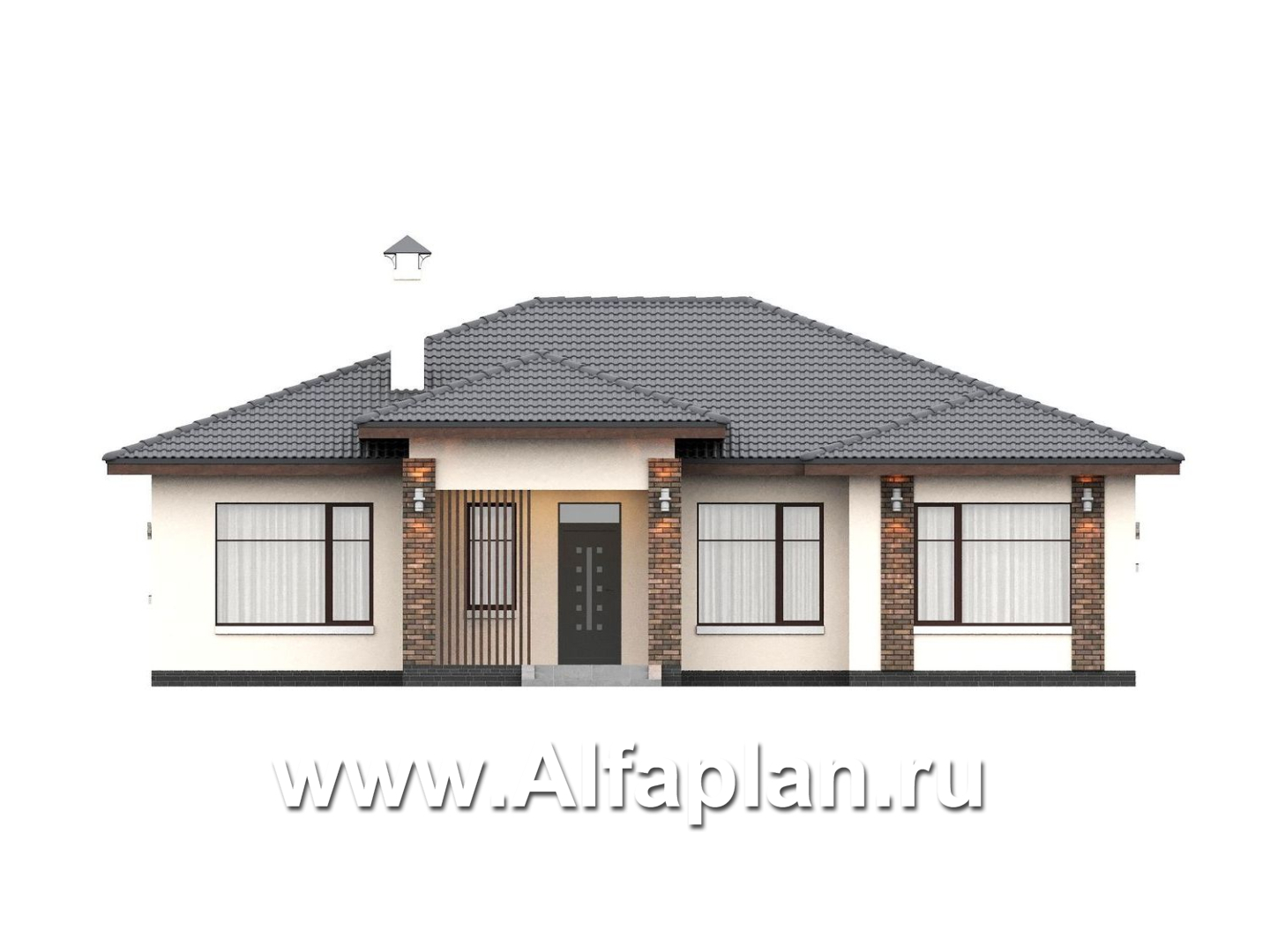 «Алькор» - проект одноэтажного дома из газобетона, фасады из штукатурки, мастер спальня, кладовка при кухне  - фасад дома