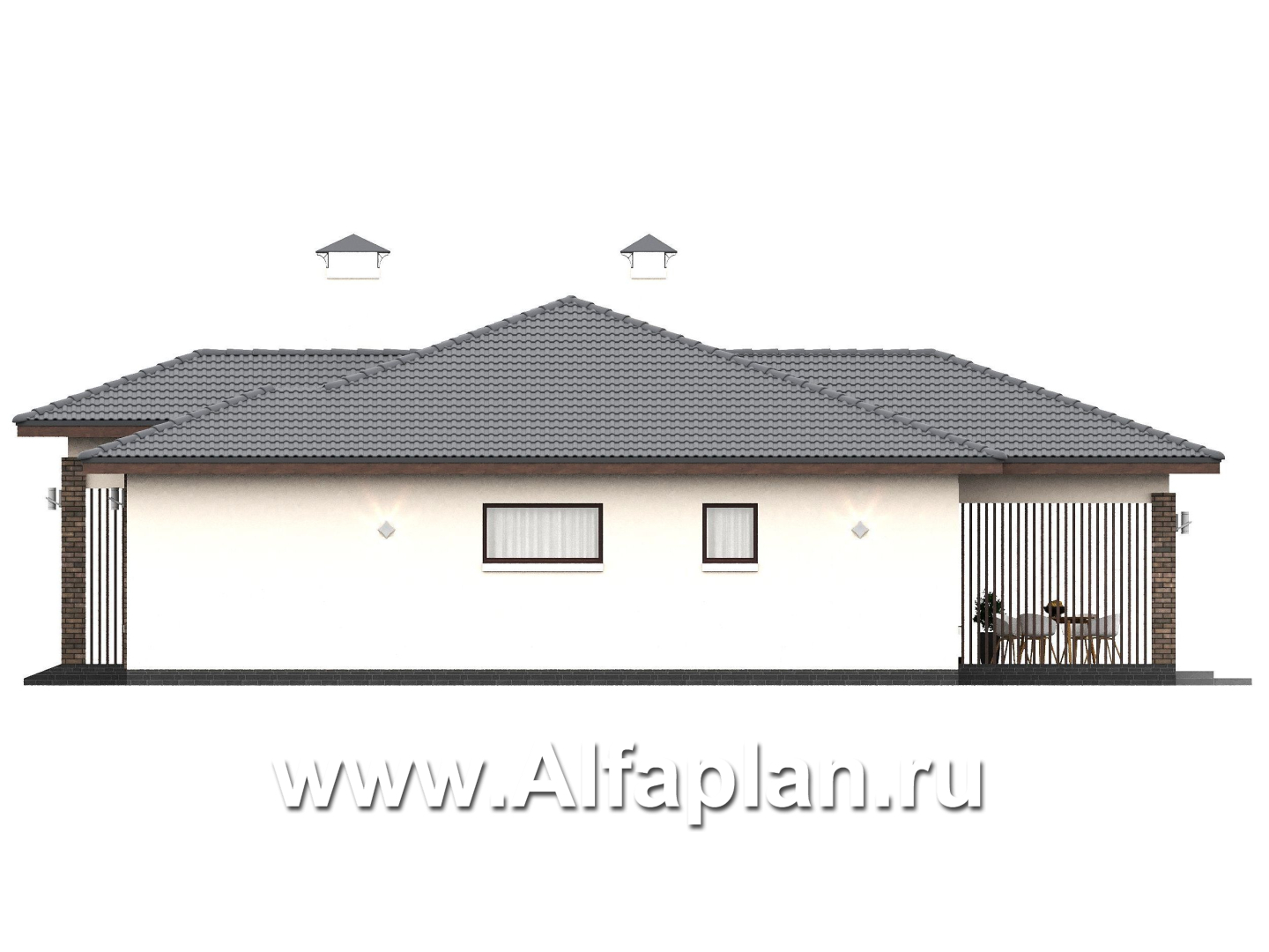 «Алькор» - проект одноэтажного дома из газобетона, фасады из штукатурки, мастер спальня, кладовка при кухне  - фасад дома