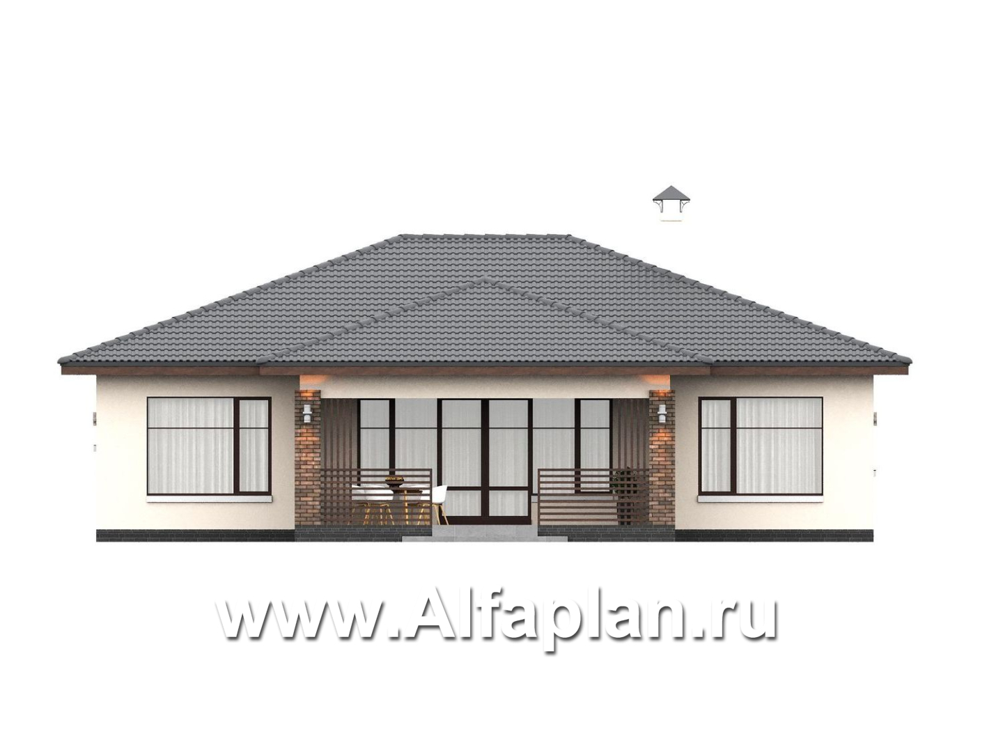 «Алькор» - проект одноэтажного дома из газобетона, фасады из штукатурки, мастер спальня, кладовка при кухне  - фасад дома