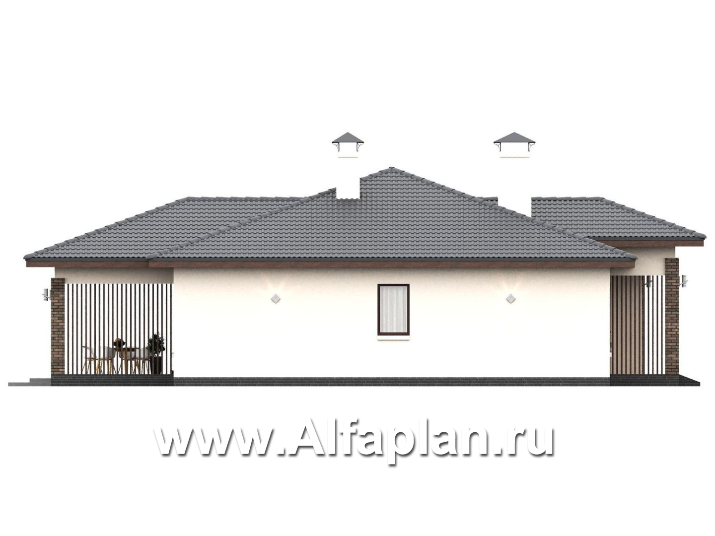 «Алькор» - проект одноэтажного дома из газобетона, фасады из штукатурки, мастер спальня, кладовка при кухне  - фасад дома