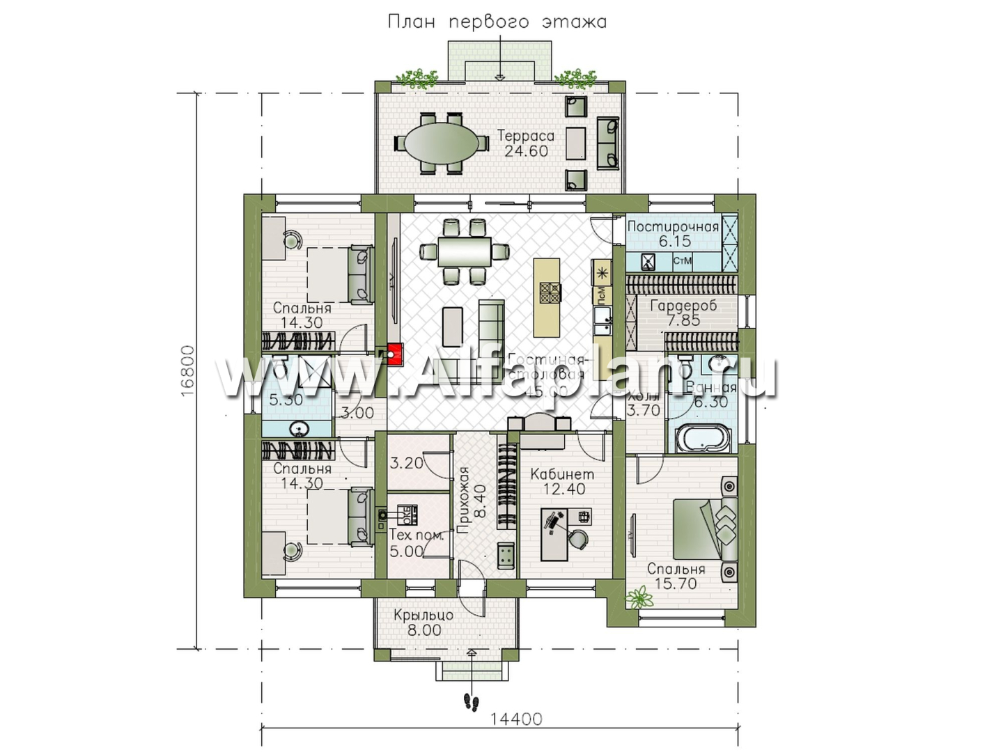 «Алькор» - проект одноэтажного дома из газобетона, фасады из штукатурки, мастер спальня, кладовка при кухне  - план дома