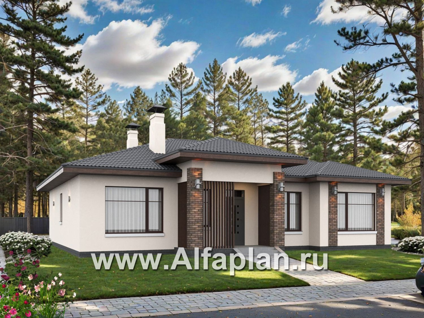 «Алькор» - проект одноэтажного дома из газобетона, фасады из штукатурки, мастер спальня, кладовка при кухне  - дизайн дома №1