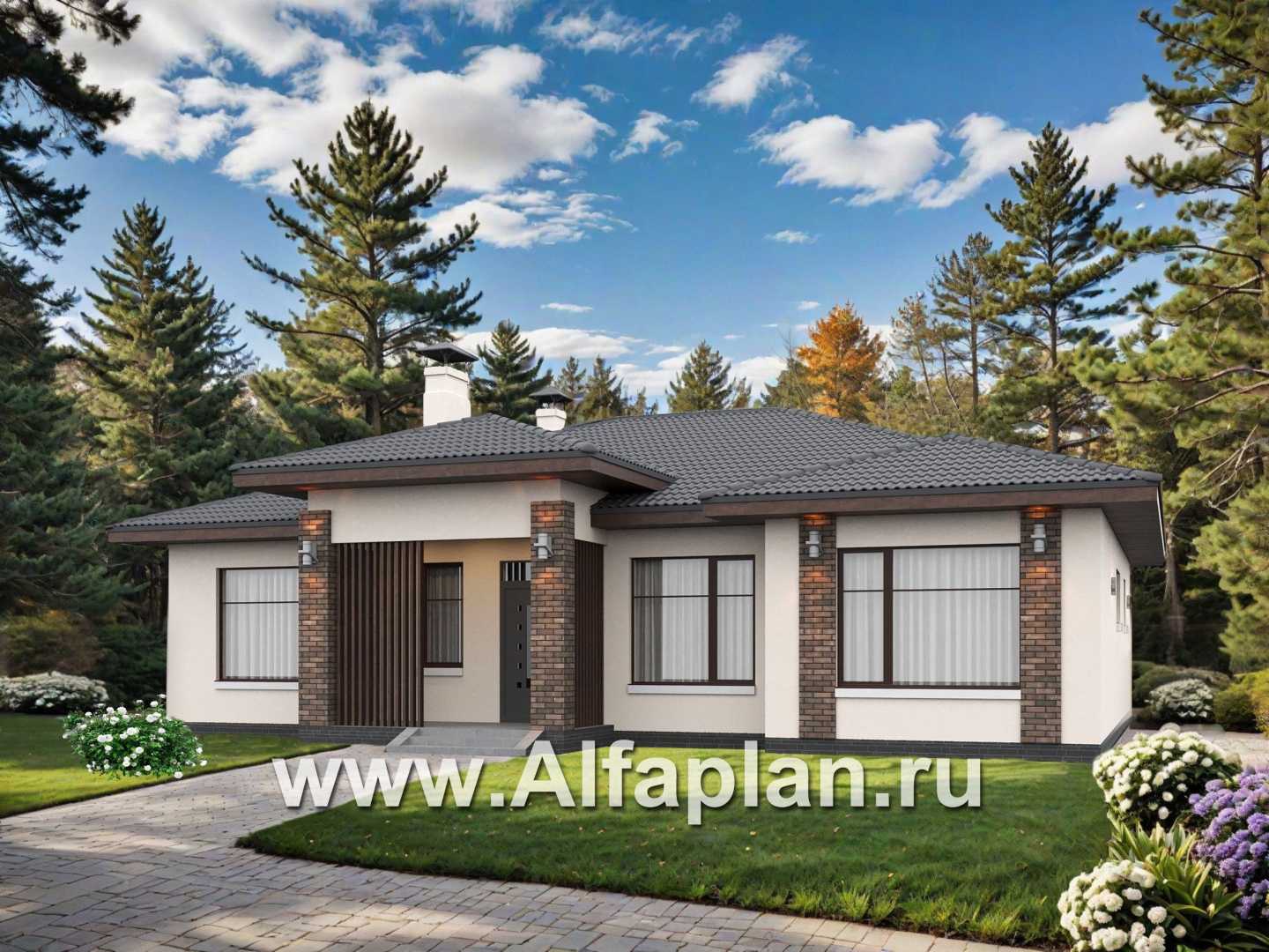 «Алькор» - проект одноэтажного дома из газобетона, фасады из штукатурки, мастер спальня, кладовка при кухне  - дизайн дома №2