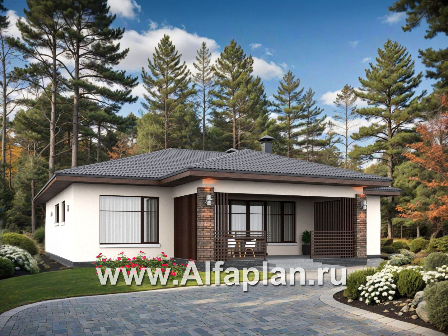 «Алькор» - проект одноэтажного дома из газобетона, фасады из штукатурки, мастер спальня, кладовка при кухне  - дизайн дома №3