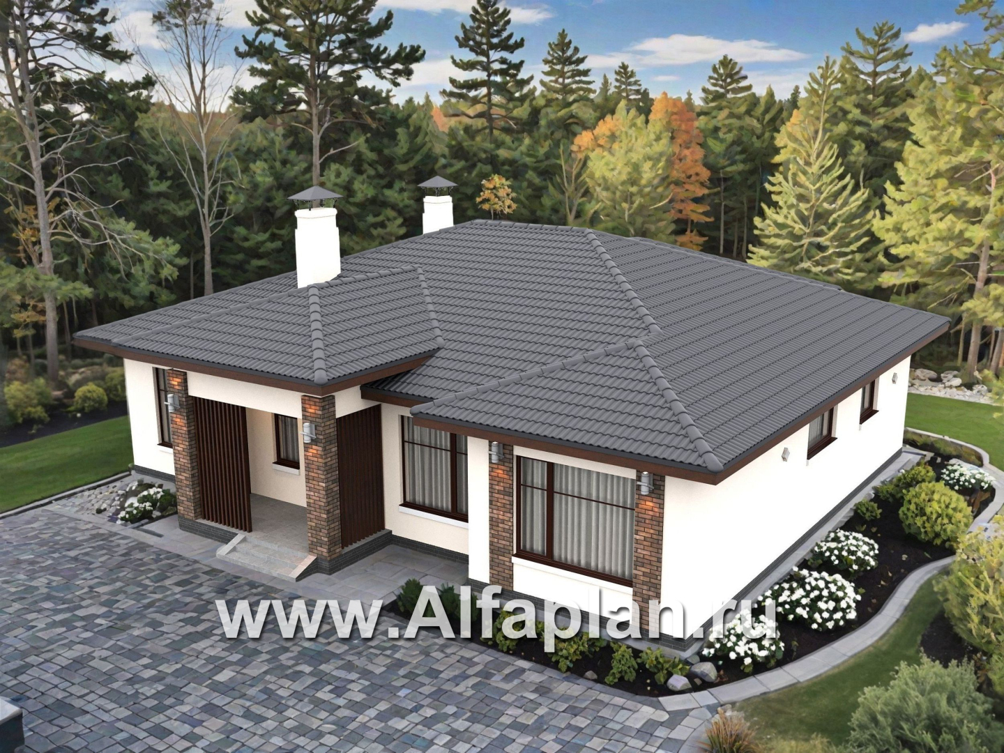 «Алькор» - проект одноэтажного дома из газобетона, фасады из штукатурки, мастер спальня, кладовка при кухне  - дизайн дома №4