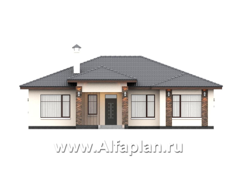 «Алькор» - проект одноэтажного дома из газобетона, фасады из штукатурки, мастер спальня, кладовка при кухне  - превью фасада дома