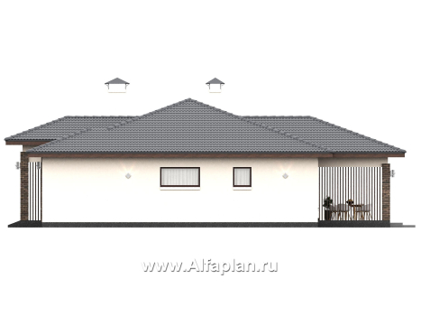 «Алькор» - проект одноэтажного дома из газобетона, фасады из штукатурки, мастер спальня, кладовка при кухне  - превью фасада дома