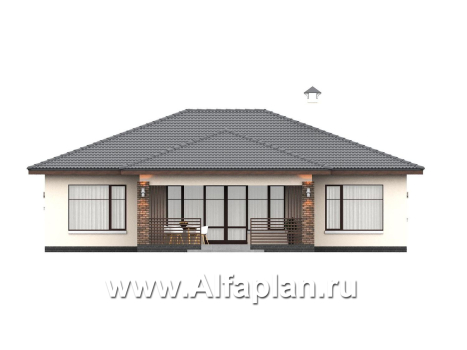 «Алькор» - проект одноэтажного дома из газобетона, фасады из штукатурки, мастер спальня, кладовка при кухне  - превью фасада дома