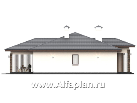 «Алькор» - проект одноэтажного дома из газобетона, фасады из штукатурки, мастер спальня, кладовка при кухне  - превью фасада дома