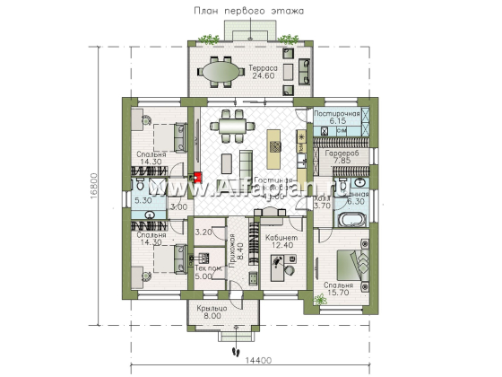 «Алькор» - проект одноэтажного дома из газобетона, фасады из штукатурки, мастер спальня, кладовка при кухне  - превью план дома