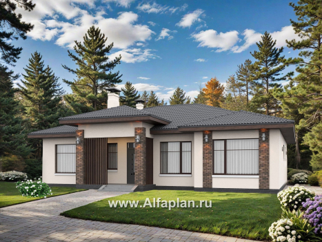 «Алькор» - проект одноэтажного дома из газобетона, фасады из штукатурки, мастер спальня, кладовка при кухне  - превью дополнительного изображения №2