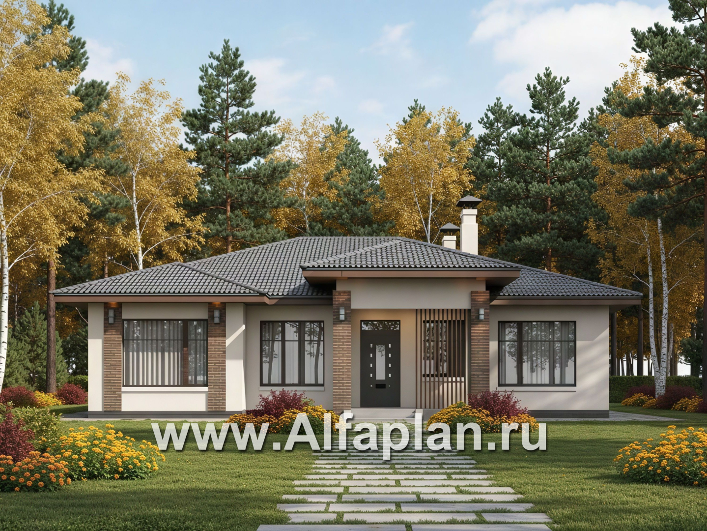 «Алькор» - проект одноэтажного дома из газобетона, фасады из штукатурки, мастер спальня, кладовка при кухне - основное изображение