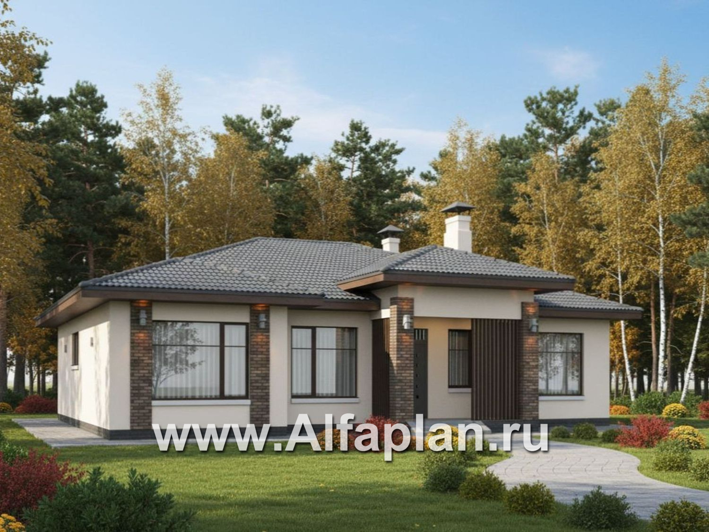 «Алькор» - проект одноэтажного дома из газобетона, фасады из штукатурки, мастер спальня, кладовка при кухне - дизайн дома №1