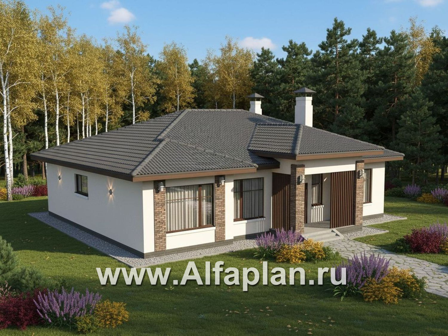 «Алькор» - проект одноэтажного дома из газобетона, фасады из штукатурки, мастер спальня, кладовка при кухне - дизайн дома №2