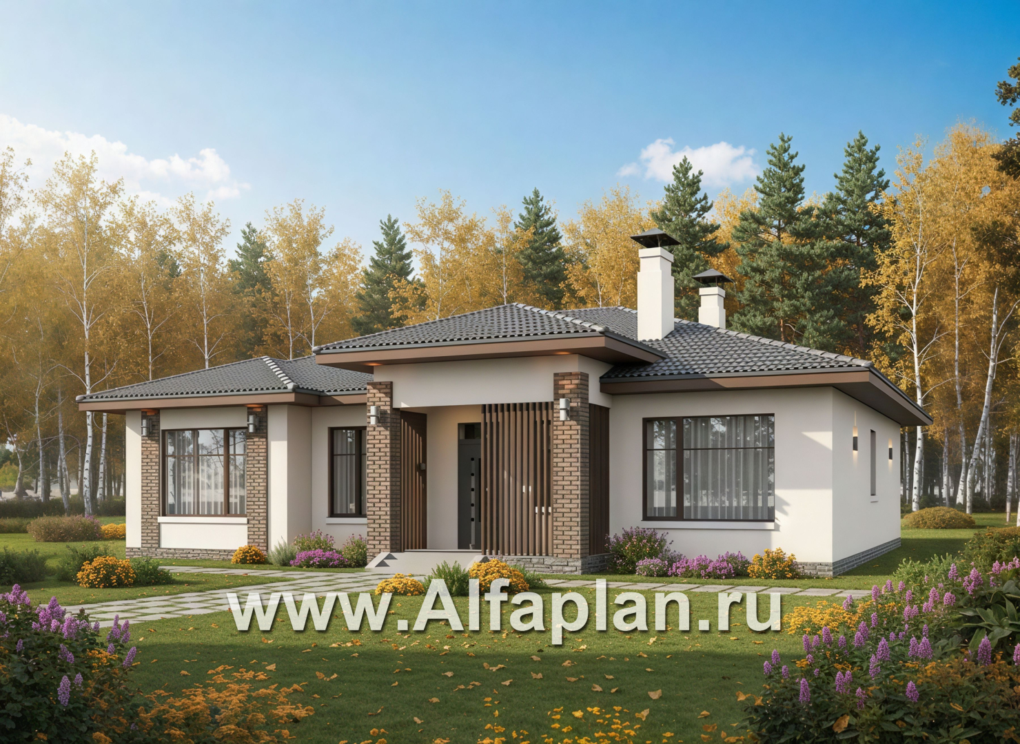 «Алькор» - проект одноэтажного дома из газобетона, фасады из штукатурки, мастер спальня, кладовка при кухне - дизайн дома №3