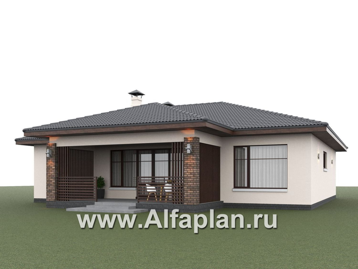 «Алькор» - проект одноэтажного дома из газобетона, фасады из штукатурки, мастер спальня, кладовка при кухне - дизайн дома №4