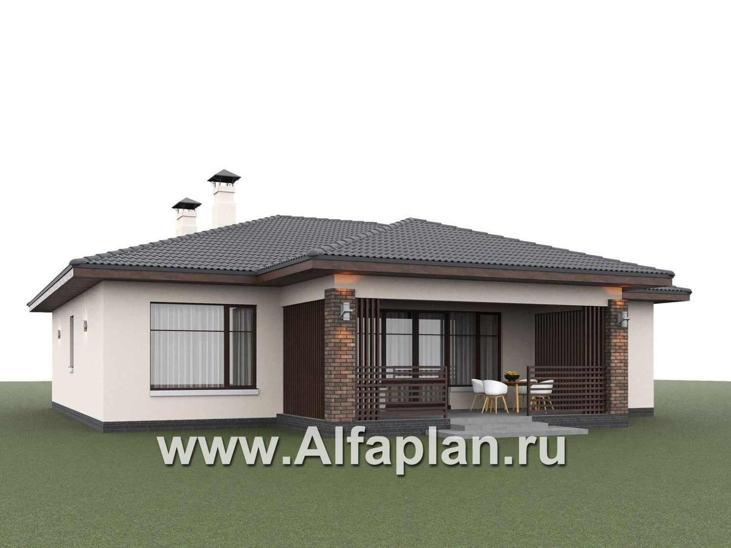 «Алькор» - проект одноэтажного дома из газобетона, фасады из штукатурки, мастер спальня, кладовка при кухне - дизайн дома №5