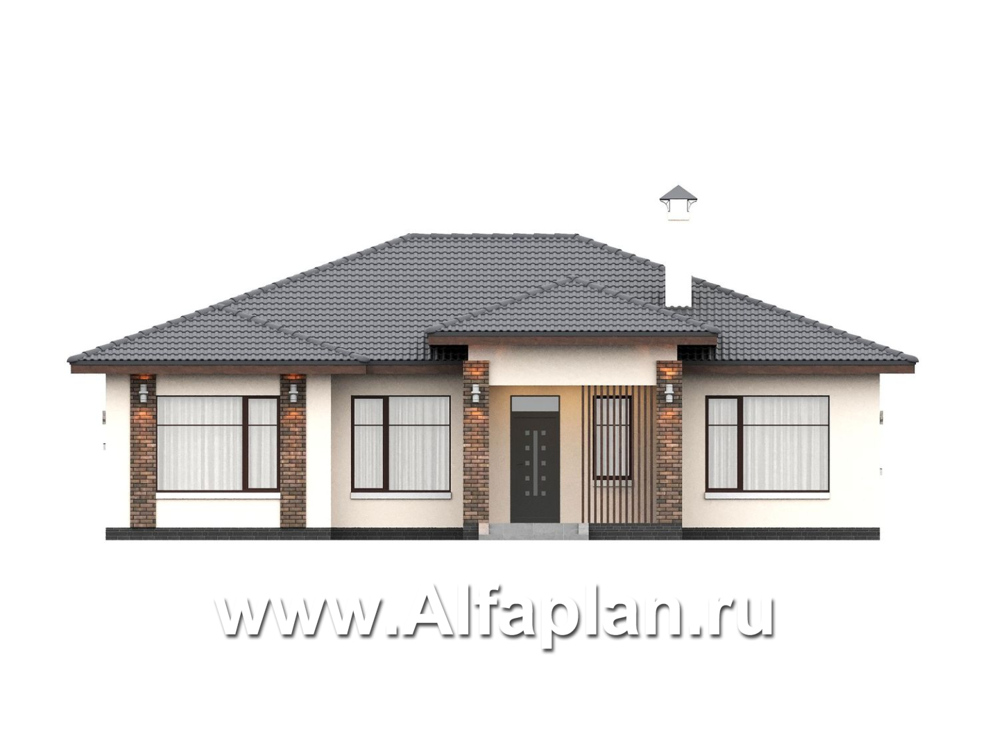 «Алькор» - проект одноэтажного дома из газобетона, фасады из штукатурки, мастер спальня, кладовка при кухне  - фасад дома