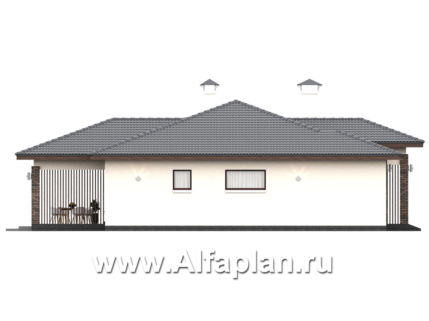 «Алькор» - проект одноэтажного дома из газобетона, фасады из штукатурки, мастер спальня, кладовка при кухне  - фасад дома