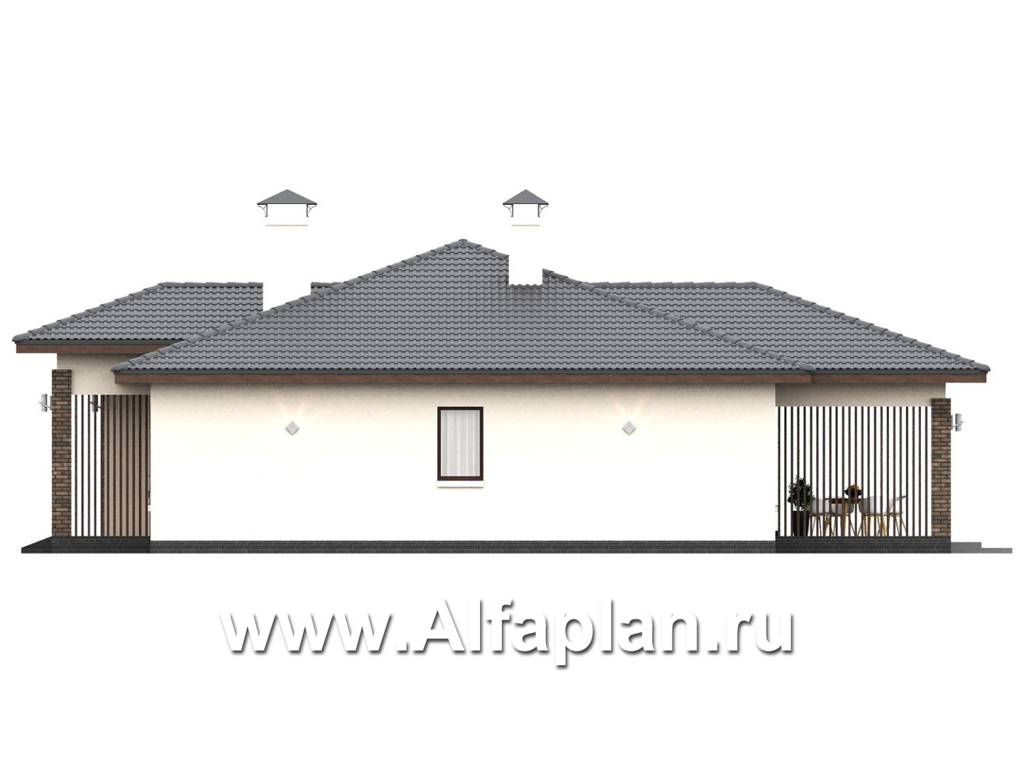 «Алькор» - проект одноэтажного дома из газобетона, фасады из штукатурки, мастер спальня, кладовка при кухне  - фасад дома