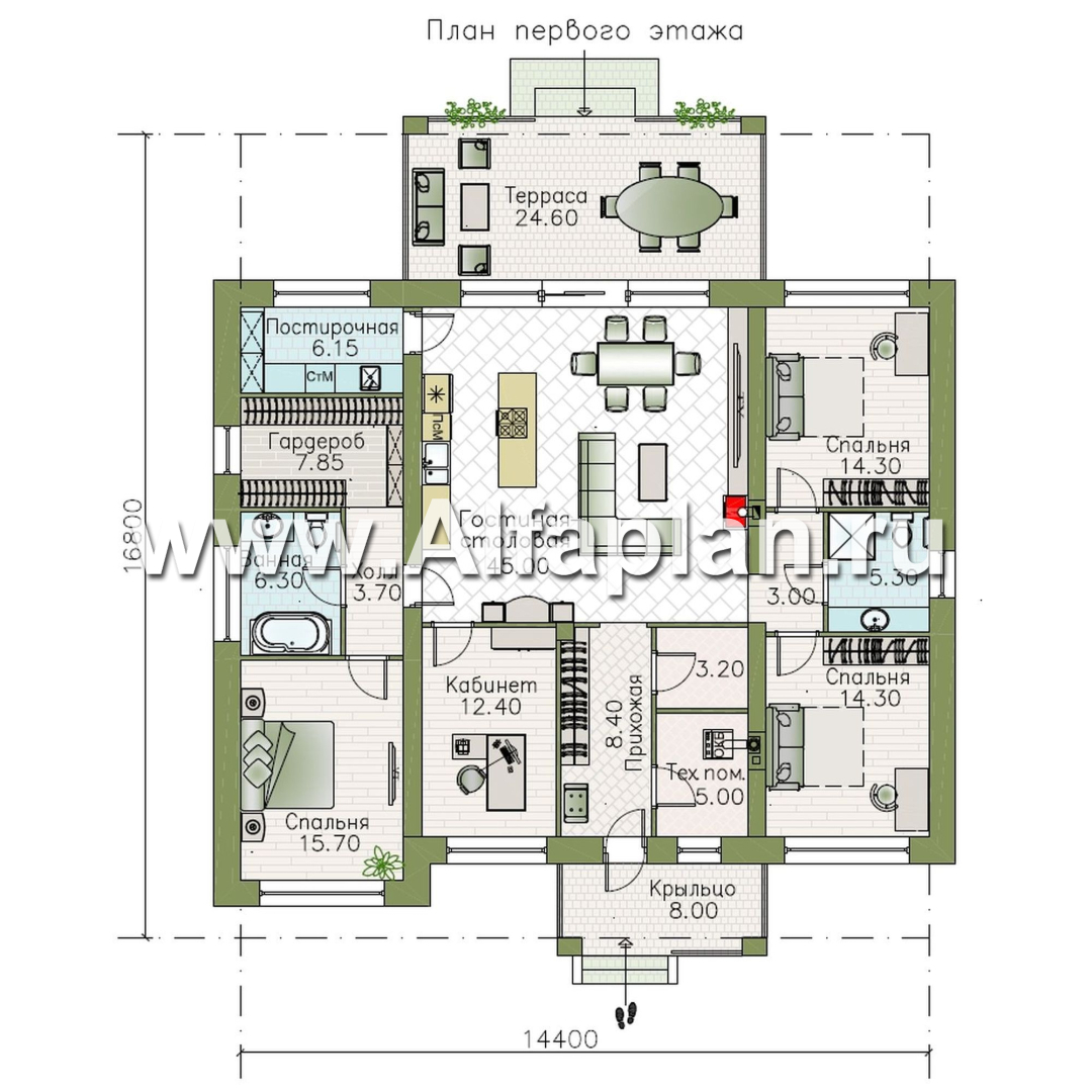 «Алькор» - проект одноэтажного дома из газобетона, фасады из штукатурки, мастер спальня, кладовка при кухне  - план дома