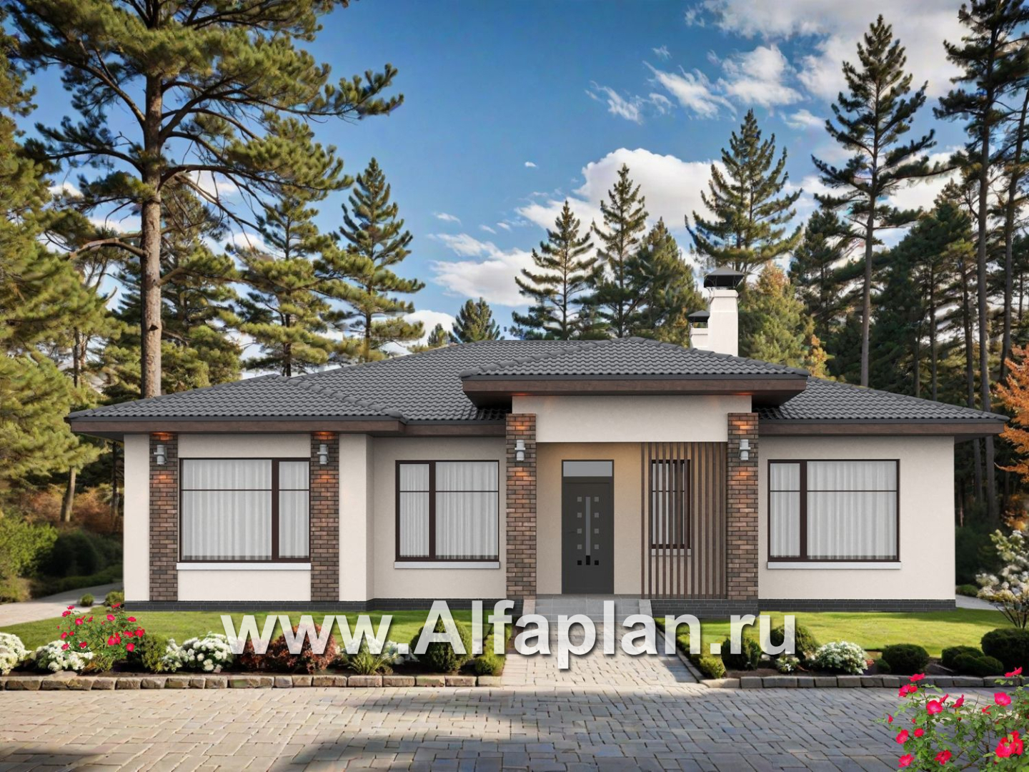 «Алькор» - проект одноэтажного дома из газобетона, фасады из штукатурки, мастер спальня, кладовка при кухне  - дизайн дома №1