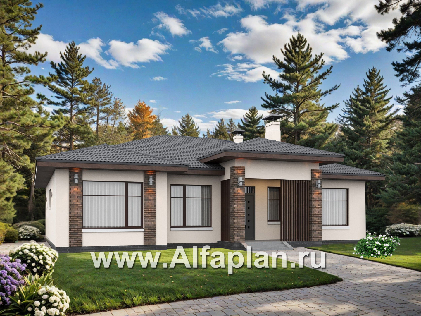 «Алькор» - проект одноэтажного дома из газобетона, фасады из штукатурки, мастер спальня, кладовка при кухне  - дизайн дома №2