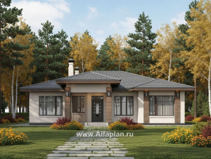 Превью проекта ««Алькор» - проект одноэтажного дома из газобетона, фасады из штукатурки, мастер спальня, кладовка при кухне »