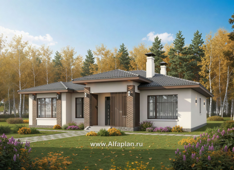 «Алькор» - проект одноэтажного дома из газобетона, фасады из штукатурки, мастер спальня, кладовка при кухне - превью дополнительного изображения №3