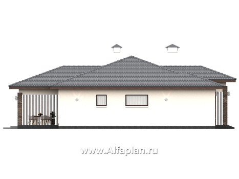 «Алькор» - проект одноэтажного дома из газобетона, фасады из штукатурки, мастер спальня, кладовка при кухне  - превью фасада дома
