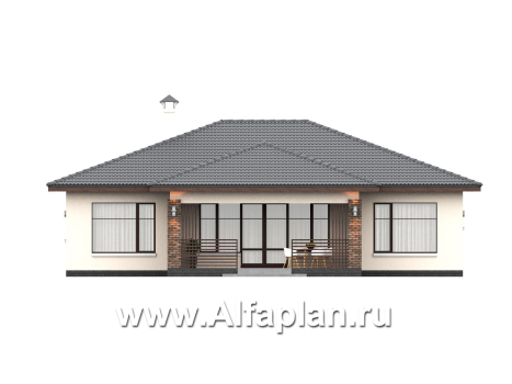 «Алькор» - проект одноэтажного дома из газобетона, фасады из штукатурки, мастер спальня, кладовка при кухне  - превью фасада дома