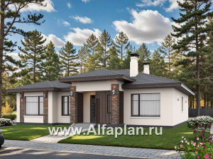 «Алькор» - проект одноэтажного дома из газобетона, фасады из штукатурки, мастер спальня, кладовка при кухне 