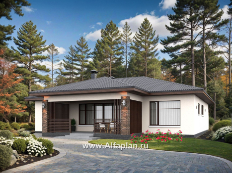 «Алькор» - проект одноэтажного дома из газобетона, фасады из штукатурки, мастер спальня, кладовка при кухне  - превью дополнительного изображения №3