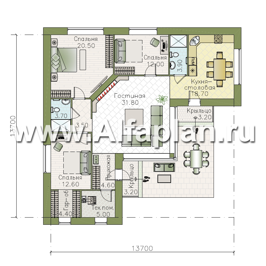«Эдем» - проект одноэтажного дома с панорамным остеклением, с оригинальным планом,  3 спальни - план дома - фото №1