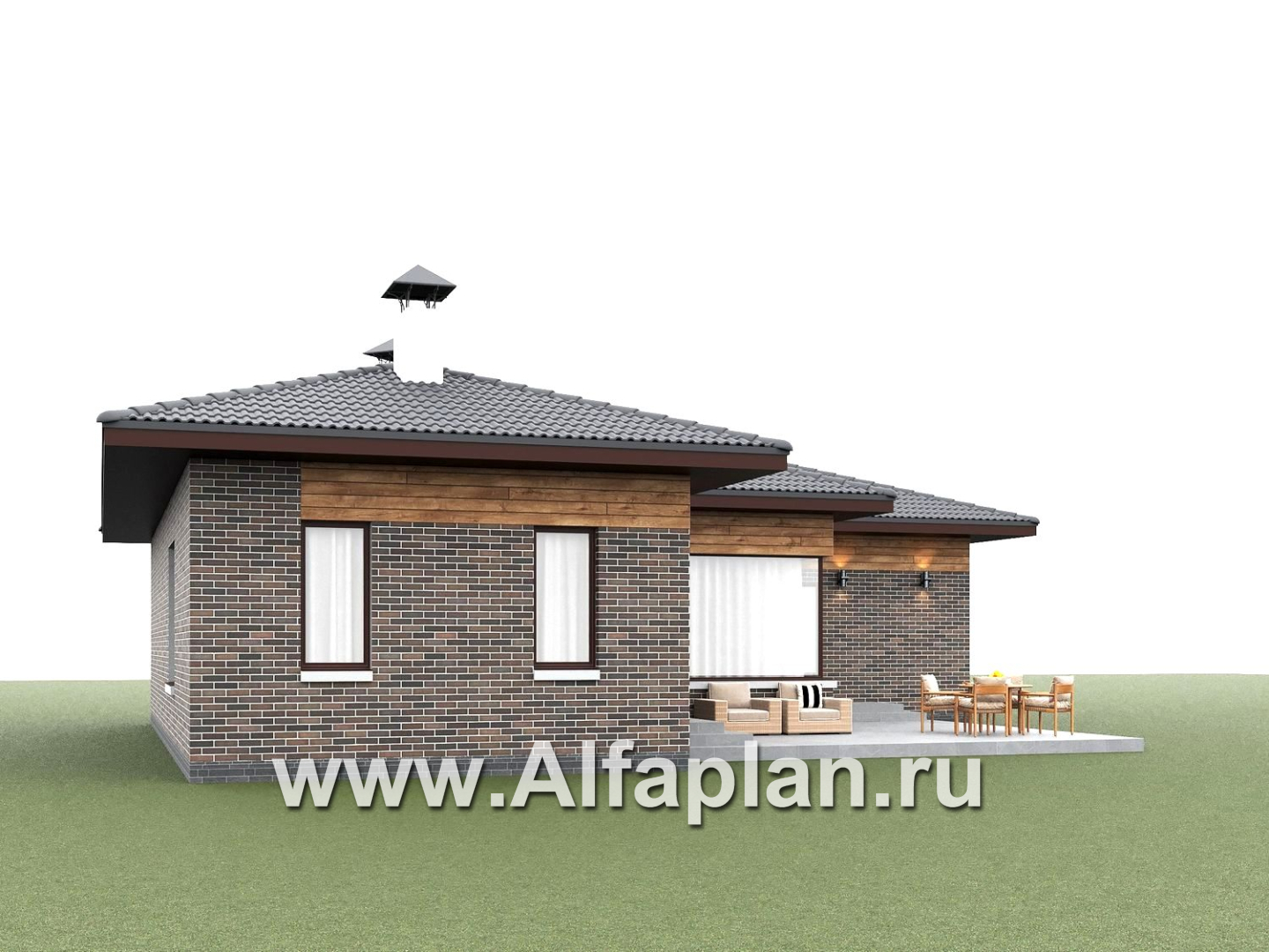 «Эдем» - проект одноэтажного дома с панорамным остеклением, с оригинальным планом,  3 спальни - дизайн дома №6