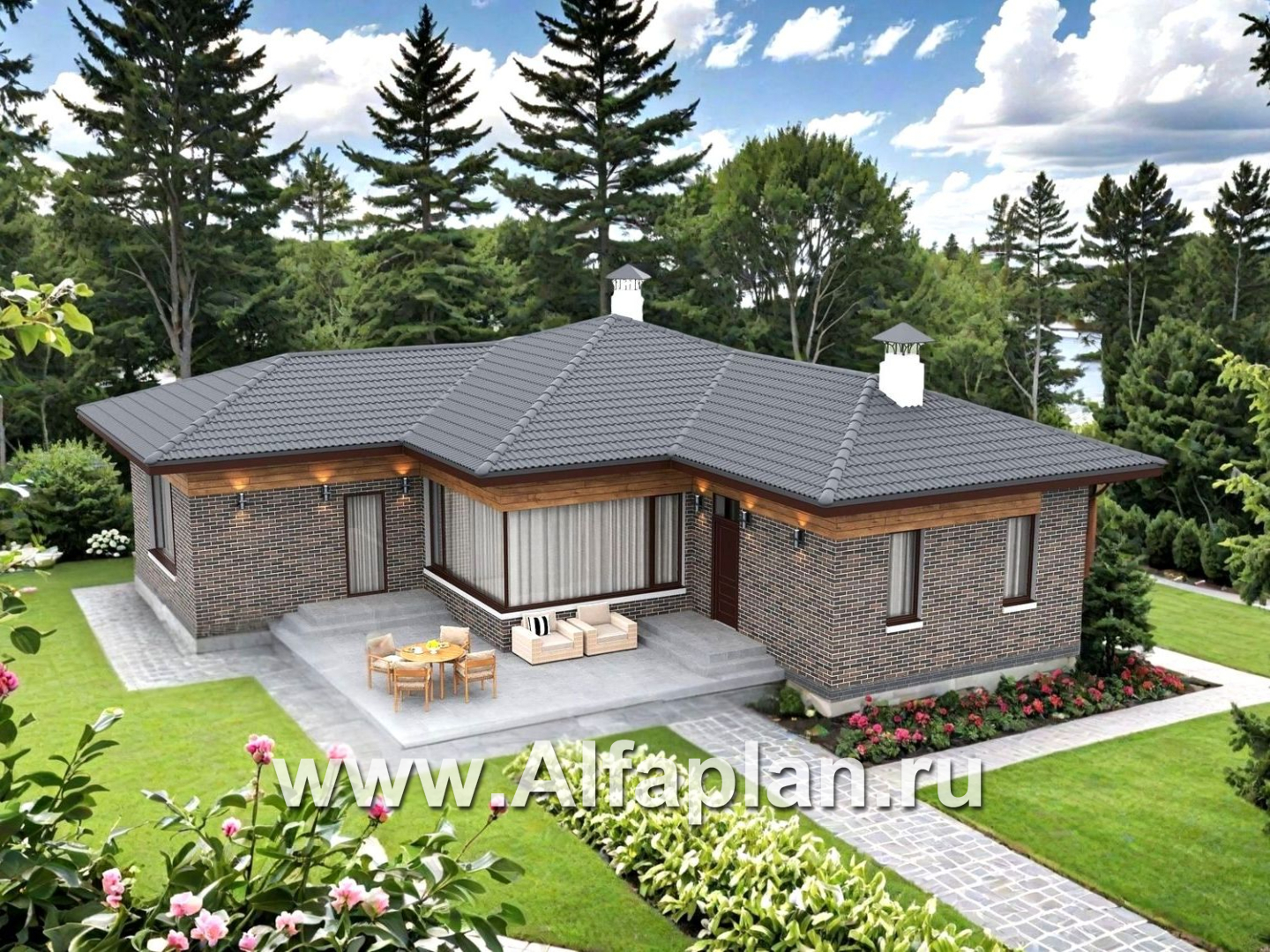 «Эдем» - проект одноэтажного дома с панорамным остеклением, с оригинальным планом,  3 спальни - дизайн дома №2