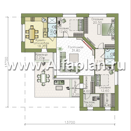 «Эдем» - проект одноэтажного дома с панорамным остеклением, с оригинальным планом,  3 спальни - превью план дома - фото №1
